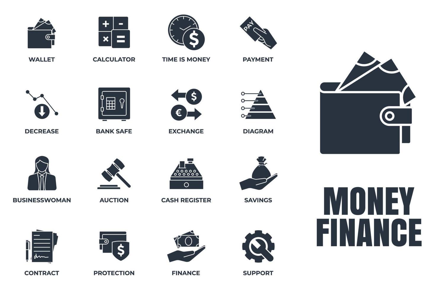 set di soldi finanza icona logo illustrazione vettoriale. modello di simbolo del pacchetto finanziario per la raccolta di grafica e web design. portafoglio, registratore di cassa, asta, diminuzione e altro ancora vettore