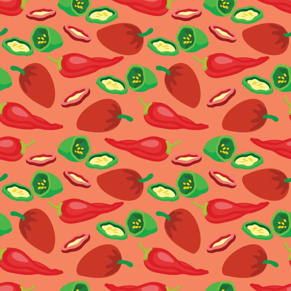 paprika verde e rossa, fette. illustrazione vettoriale di verdure in cartone animato semplice stile piatto. disegno di struttura del modello senza cuciture.