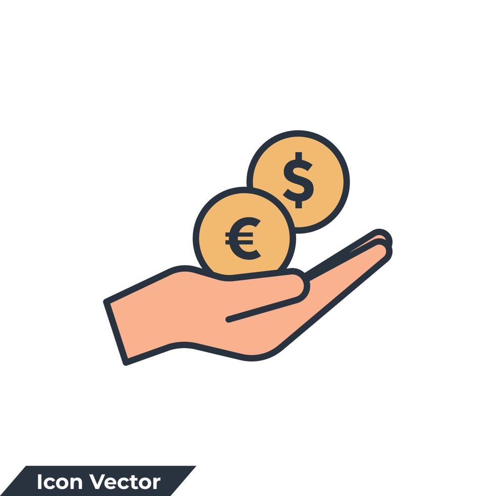 stipendio denaro, investire finanza, mano che tiene dollaro, guadagno icona logo illustrazione vettoriale. modello di simbolo di risparmio di denaro per la raccolta di grafica e web design vettore