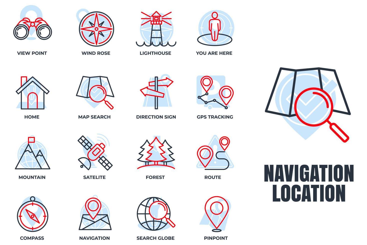 set di illustrazione vettoriale del logo dell'icona della posizione di navigazione. modello di simbolo del pacchetto di posizione. casa, puntino, segnale di direzione, bussola e altro per la raccolta di grafica e web design