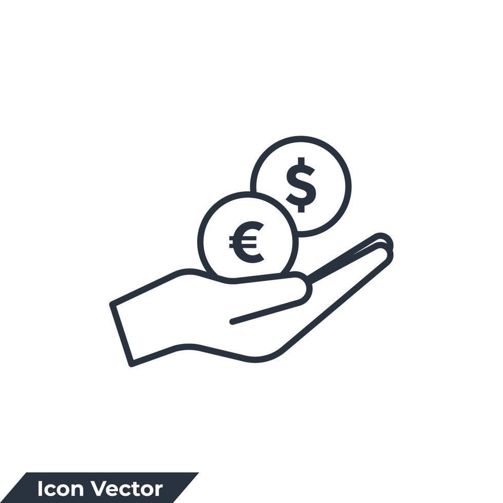 stipendio denaro, investire finanza, mano che tiene dollaro, guadagno icona logo illustrazione vettoriale. modello di simbolo di risparmio di denaro per la raccolta di grafica e web design vettore
