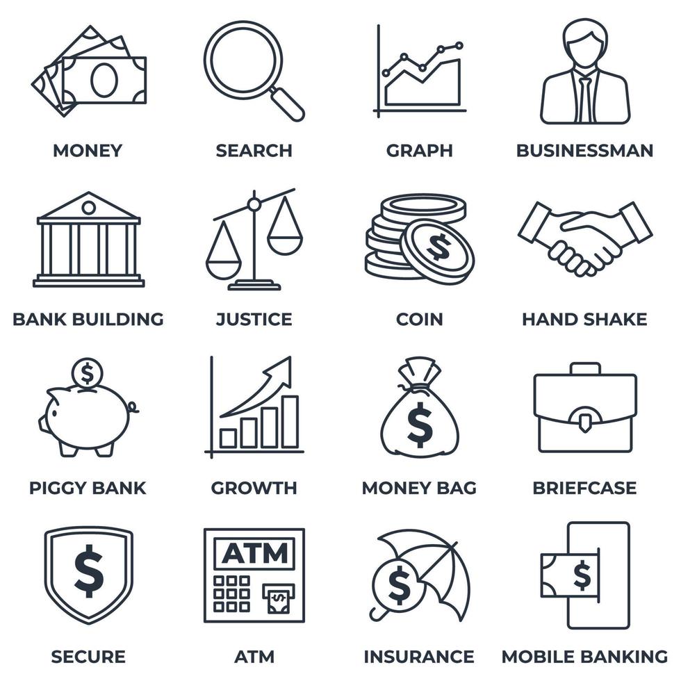 set di soldi finanza icona logo illustrazione vettoriale. modello di simbolo del pacchetto finanziario per la raccolta di grafica e web design. denaro, ricerca, grafico, uomo d'affari e altro ancora vettore
