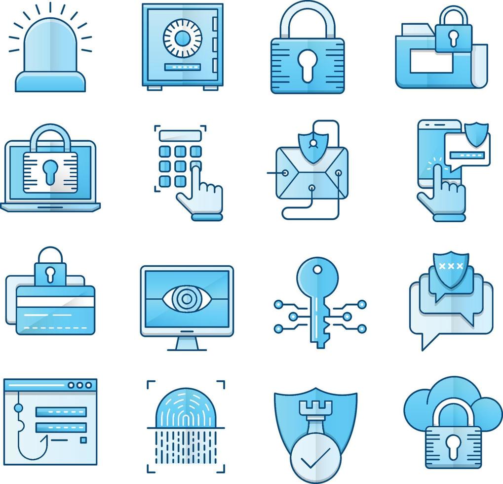 set di icone vettoriali relative alla sicurezza. contiene icone come cassaforte, minaccia di virus e-mail, scanner di impronte digitali e altro ancora.