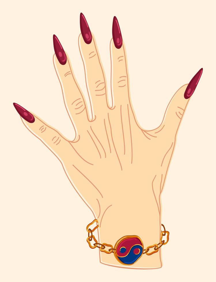 illustrazione vettoriale isolata della mano femminile con lunghe unghie rosse e braccialetto ying-yang.