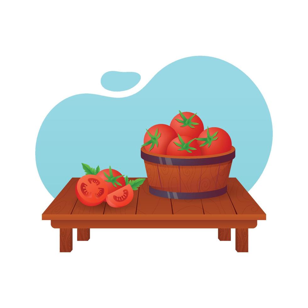 pomodoro in un cesto - illustrazione vettoriale, fetta di pomodoro, realistico, cesto di legno, stile sfumato. vettore