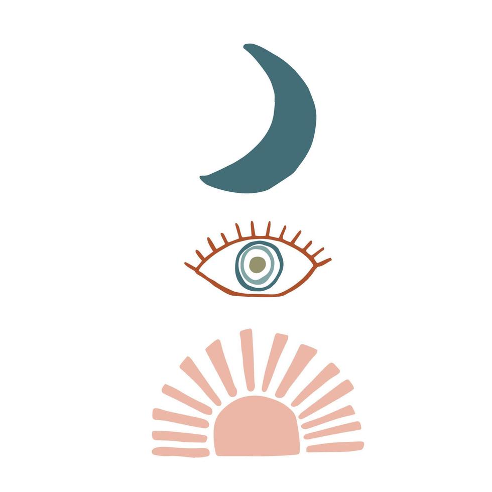 elementi in stile doodle, boho, disegno a mano. illustrazione piatta per il design e la decorazione. occhio, luna, sole vettore