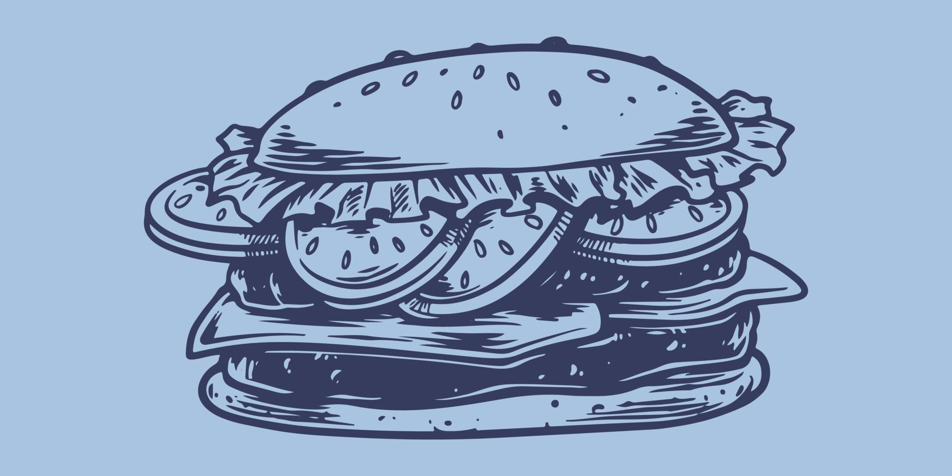 fast food di disegno a mano di grande delizioso hamburger di cibo spazzatura vettore