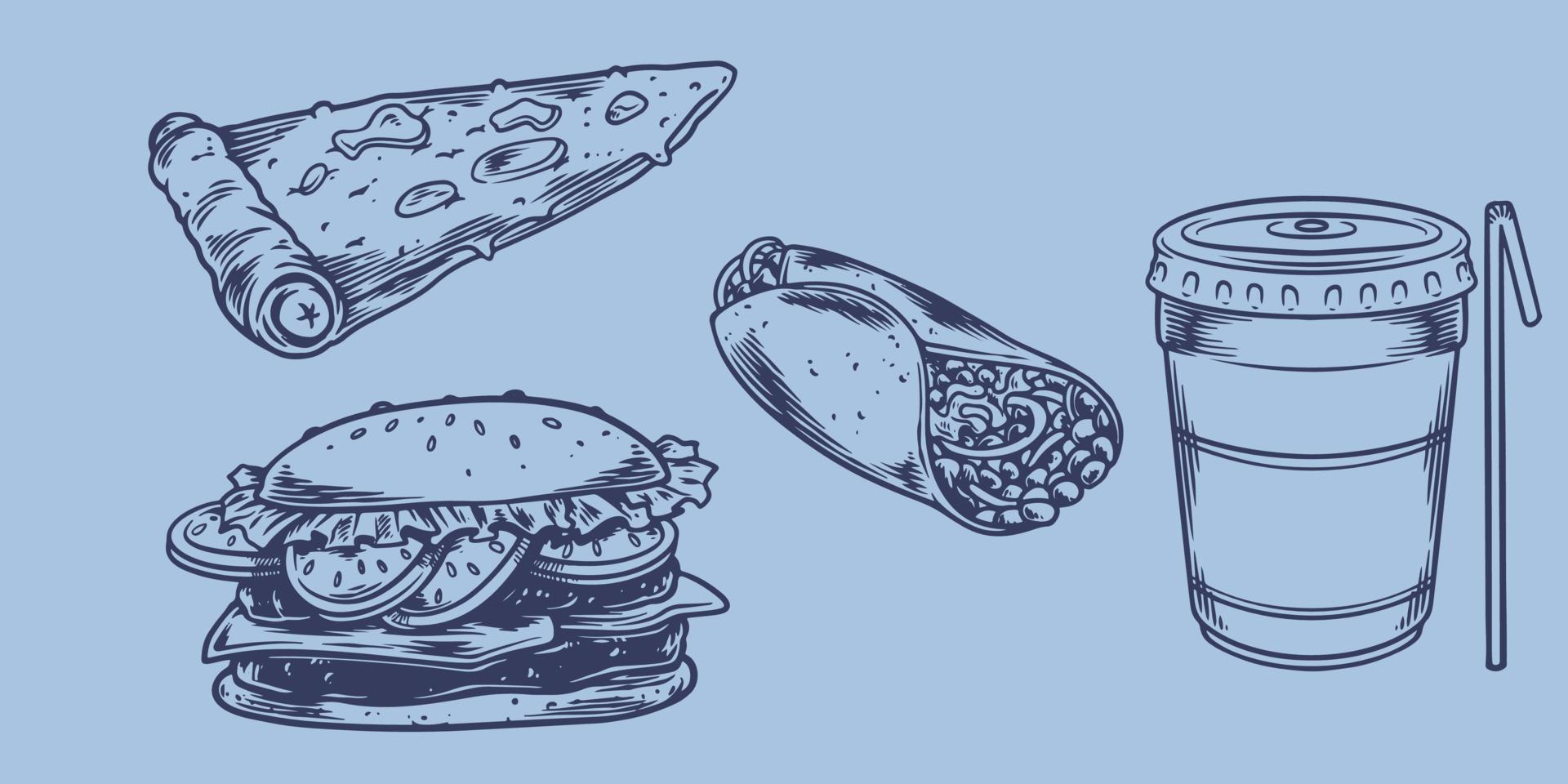 disegno a mano fast food set di hamburger, pizza, kebab, bibita vettore