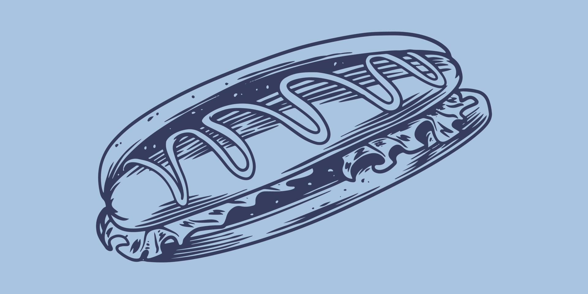 fast food di disegno a mano di grande hot dog. vettore