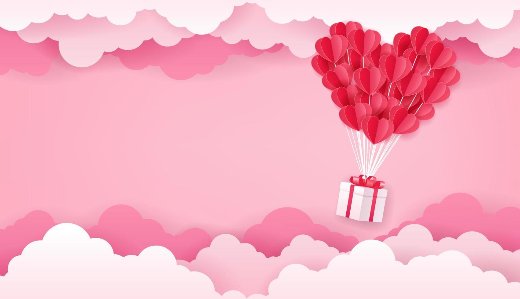 concetto di San Valentino, arte di carta di palloncino rosso a forma di cuore e confezione regalo bianca che vola sul cielo rosa con nuvola vettore