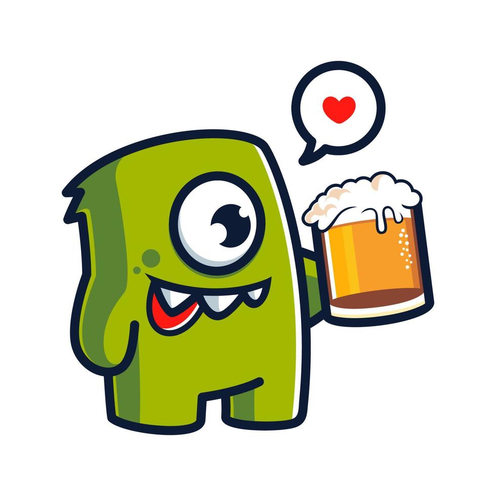 illustrazione del concetto di carattere della mascotte del mostro che beve birra vettore