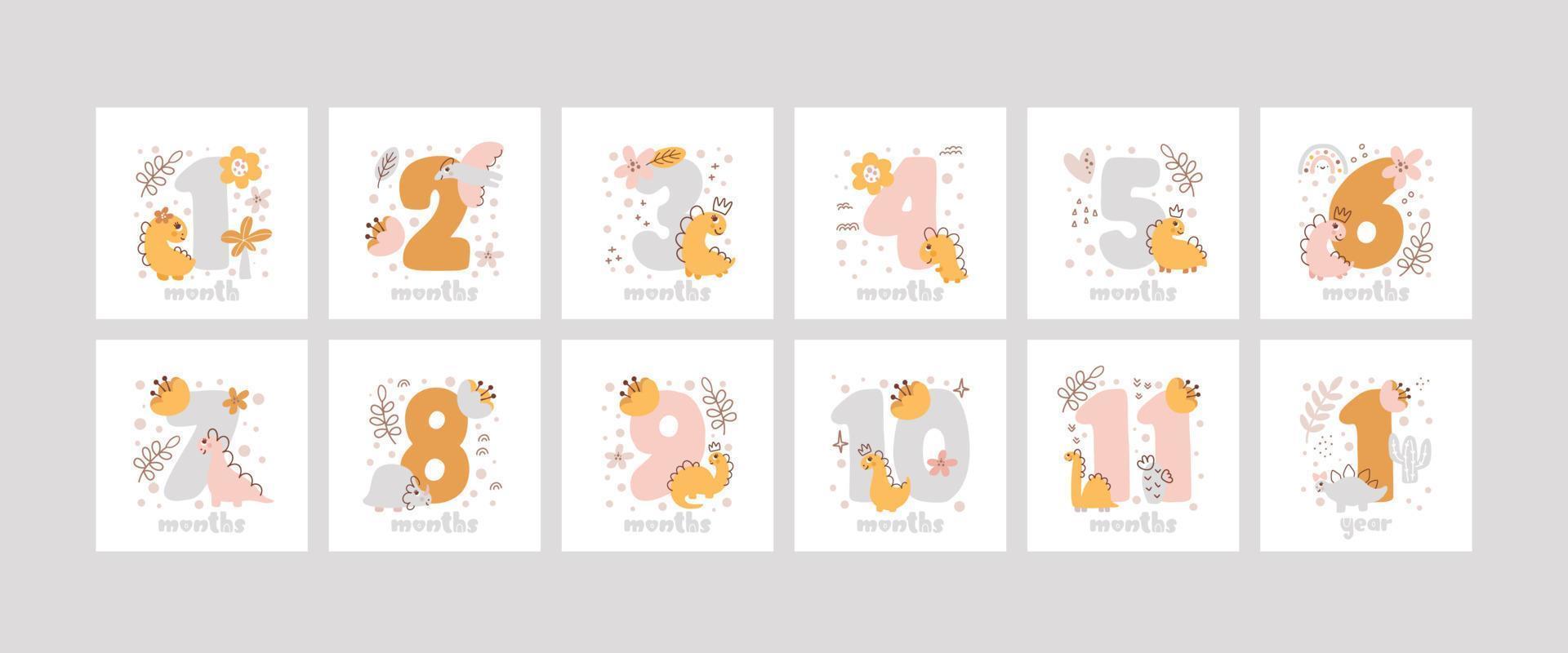 set di carte pietra miliare del bambino per la neonata. stampa baby shower con simpatici animali dino e fiori che catturano tutti i momenti speciali vettore
