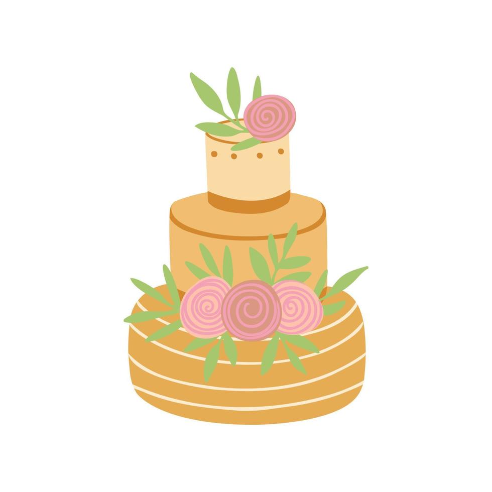 torta a tre piani con fiori. illustrazione per stampa, sfondi, copertine, packaging, biglietti di auguri, poster, adesivi, design tessile e stagionale. isolato su sfondo bianco. vettore