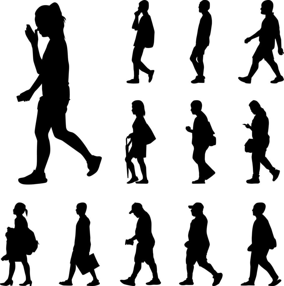 le persone camminano sagome impostate, icona uomo e donna vagano su sfondo bianco vettore