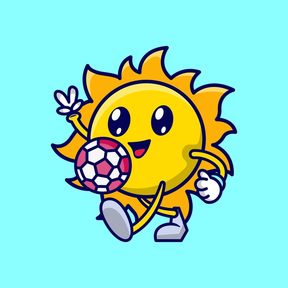 simpatico cartone animato sole che gioca a calcio vettore