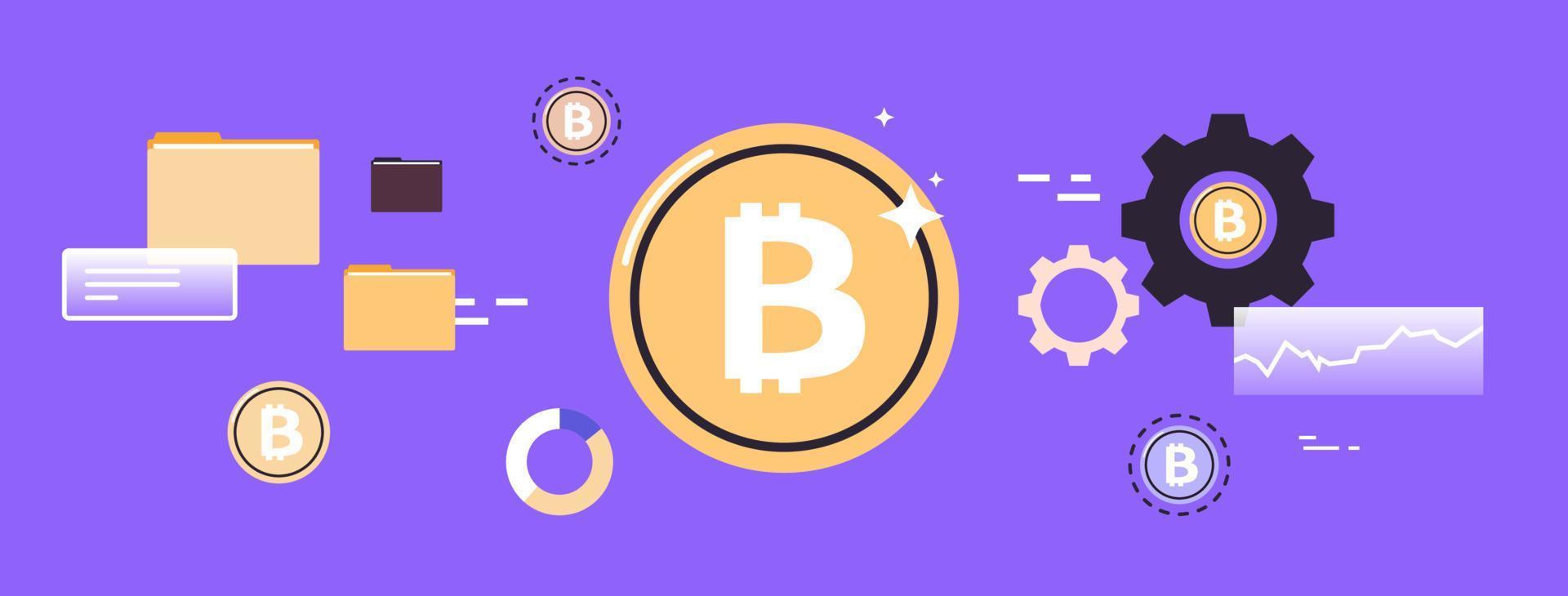 trasferimento di denaro online e acquisto o vendita di bitcoin, illustrazione vettoriale piatta del progresso della blockchain di criptovaluta di pagamento online.