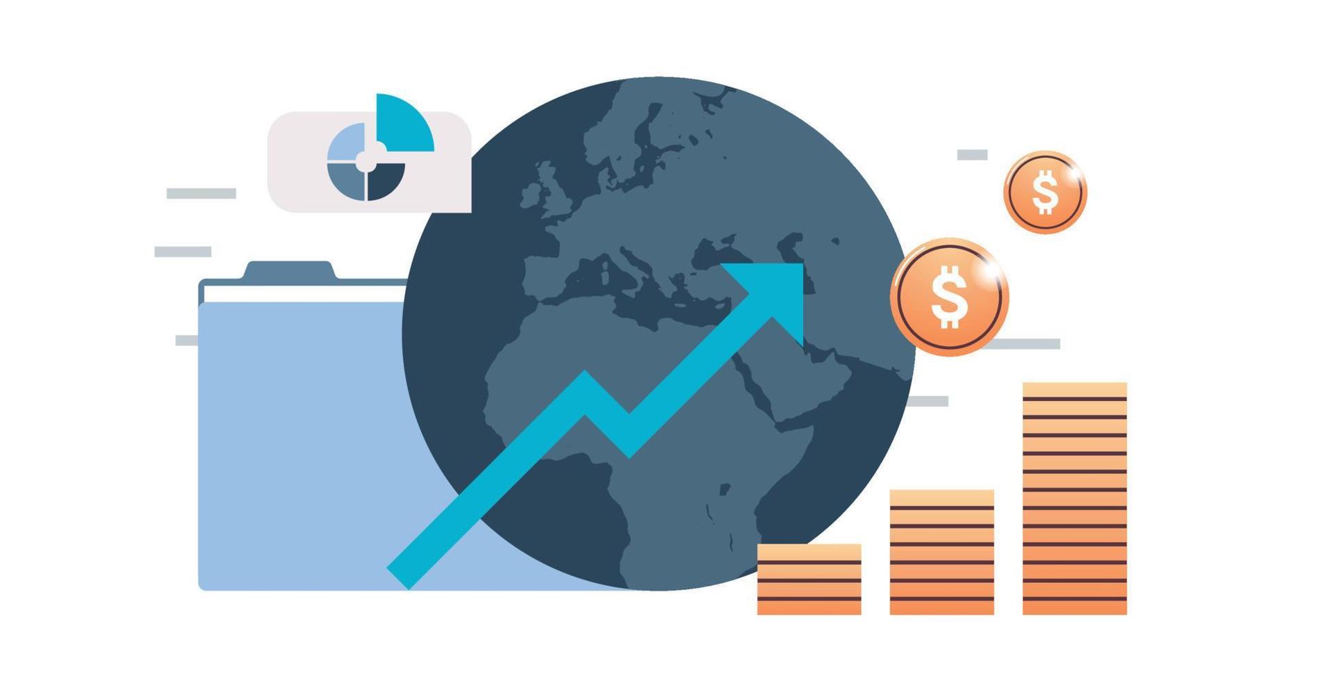 sviluppo economico che analizza i dati di vendita e il grafico di crescita economica, illustrazione vettoriale piatta della strategia aziendale.