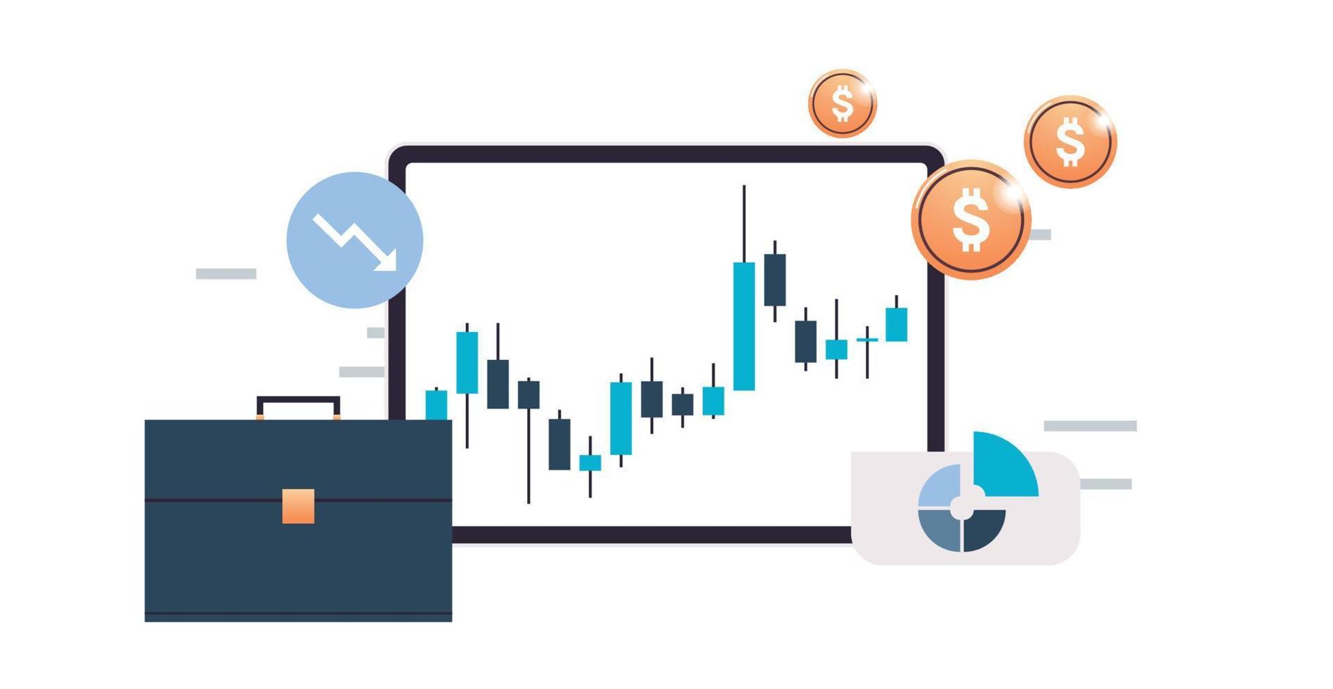 computer tablet digitale che analizza i dati di vendita e la relazione annuale, la crescita economica, il grafico finanziario, la strategia e la pianificazione aziendale, l'illustrazione vettoriale piatta del mercato azionario di marketing digitale.