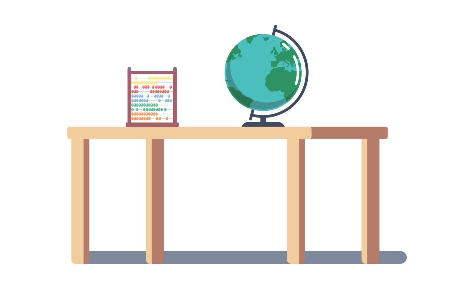 scrivania e abacus della camera dei bambini, illustrazione vettoriale piatta del concetto di globo terrestre.