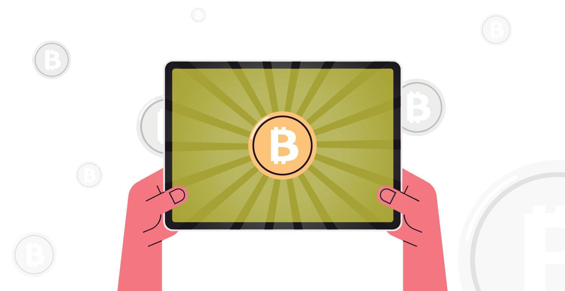 mano che tiene computer tablet e criptovaluta bitcoin sull'illustrazione vettoriale piatta del dispositivo