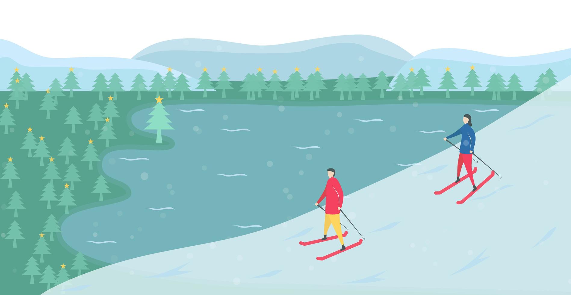 coppia romantica sciare vicino al lago vettore