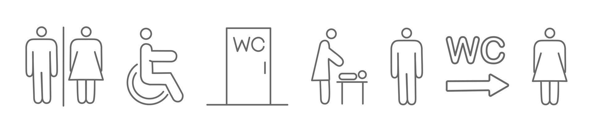 un set di icone di navigazione della toilette. wayfinding wc donna maschio per disabili e camera madre e bambino. illustrazione vettoriale