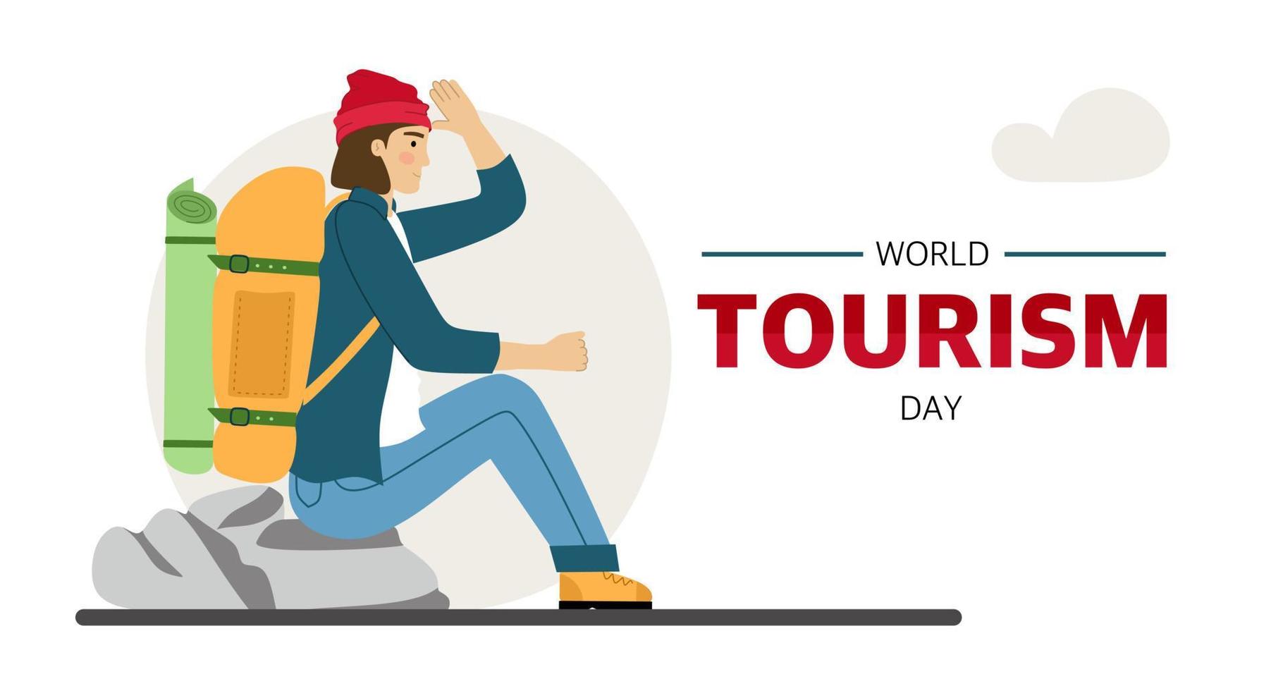 banner della giornata mondiale del turismo per le vacanze. un viaggiatore maschio è impegnato in escursioni a piedi con uno zaino un turista in montagna illustrazione vettoriale