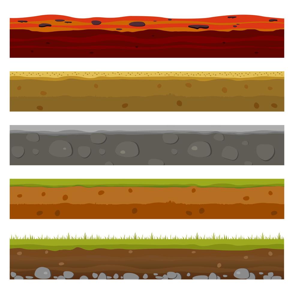 suolo, terra e strati sotterranei, livelli di gioco senza cuciture dei cartoni animati. vista in sezione trasversale vettoriale della struttura della terra naturale con fango, ciottoli, erba verde e acqua.