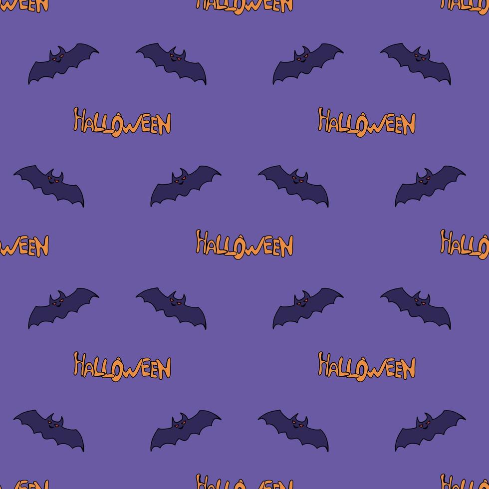 modello senza cuciture con pipistrello e testo su sfondo viola. immagine vettoriale. vettore