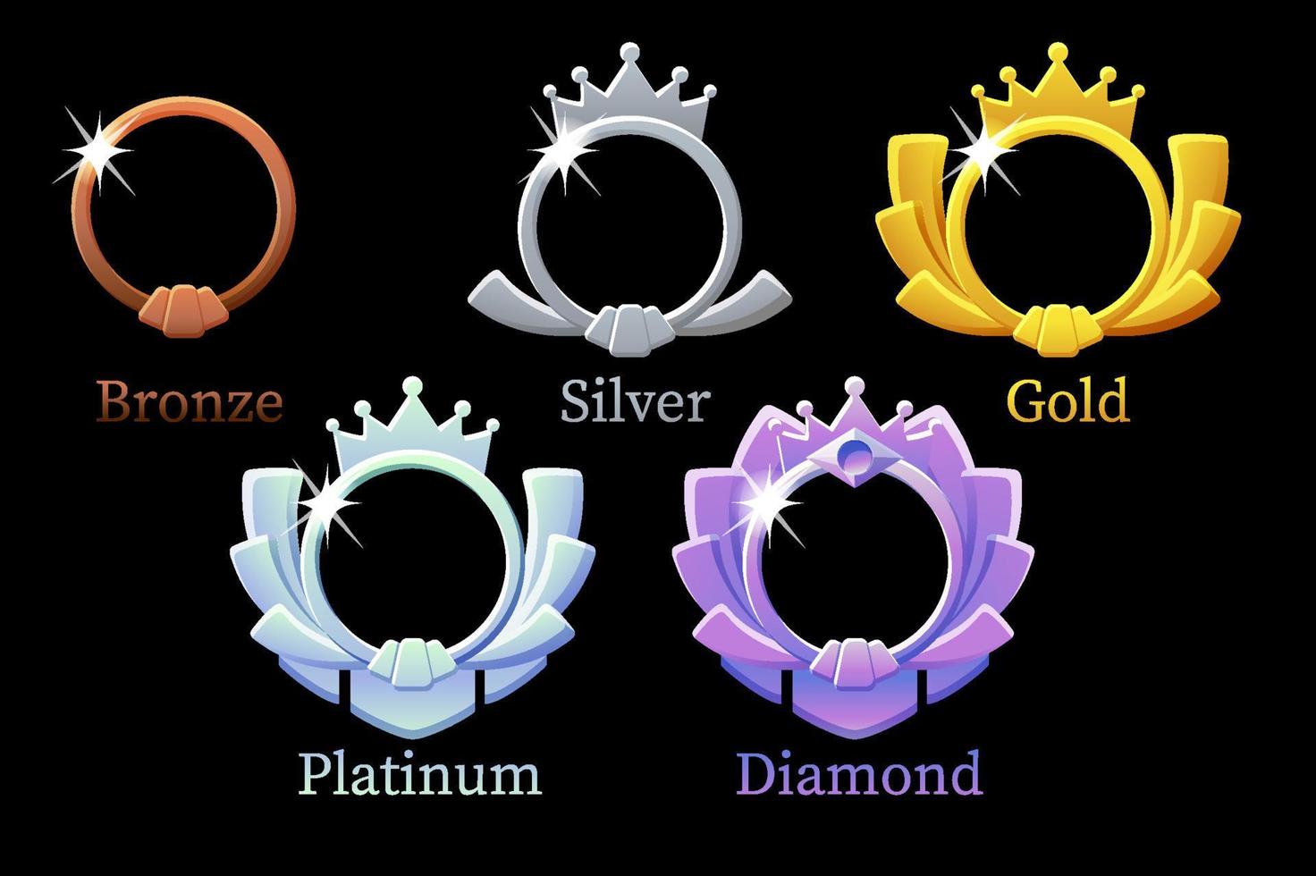 frame game rank, modello avatar rotondo oro, argento, platino, bronzo, diamante per il gioco. vettore