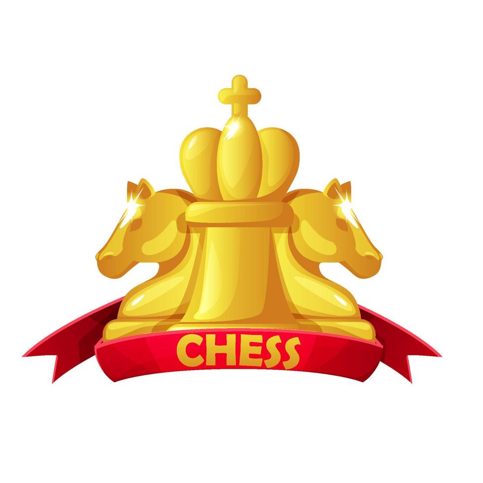 icona di scacchi con figure di scacchi e nastro rosso per il gioco da tavolo di strategia di scacchi vettore