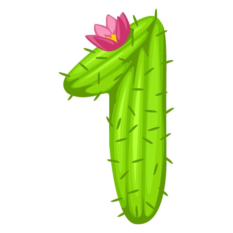 cartone animato cactus numero 1 con caratteri floreali numeri per bambini. figura verde uno vettore