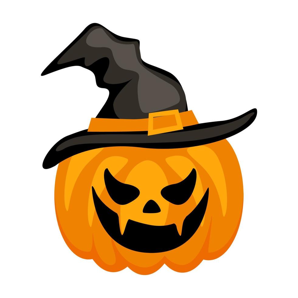 zucca di Halloween in un cappello, personaggio dei cartoni animati di vettore. vacanza di ottobre vettore