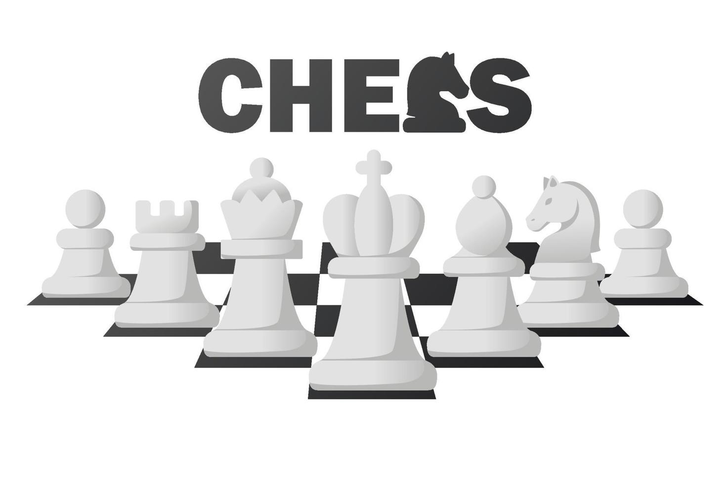 logo scacchi e set di figure bianche per il gioco da tavolo di strategia di scacchi. sfondo logo scacchi vettore