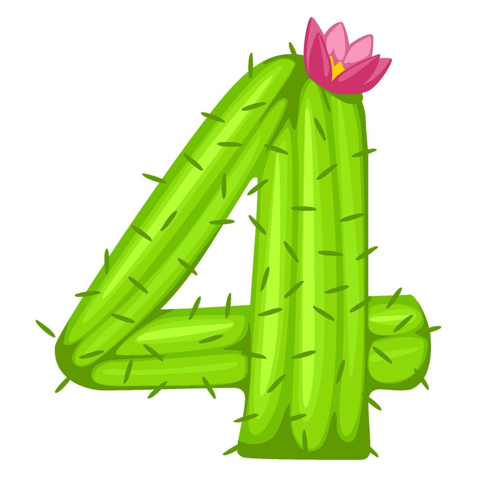 cartone animato cactus numero 4 con caratteri floreali numeri per bambini. figura verde quattro vettore