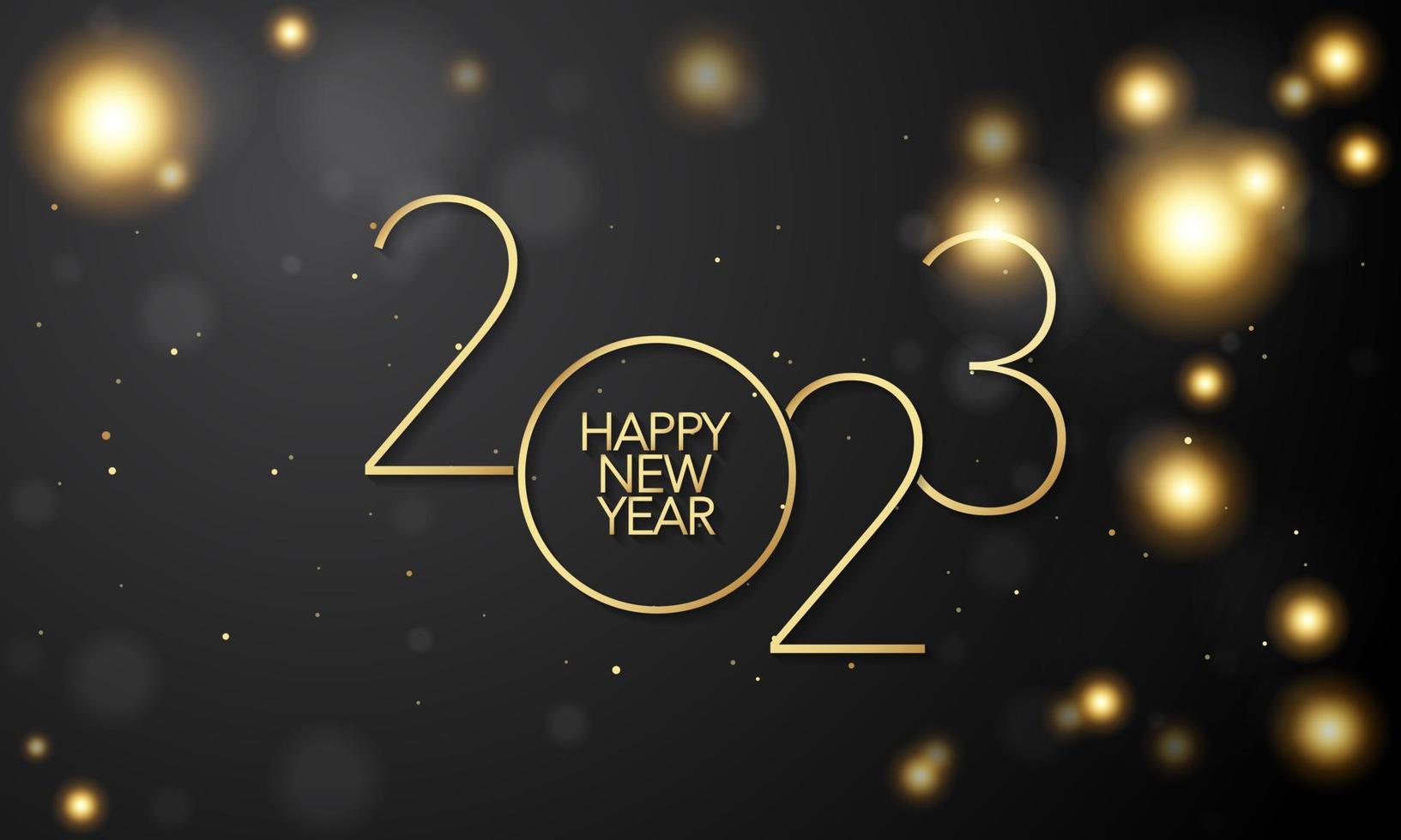 2023 felice anno nuovo sfondo design. scritta d'oro 2023 felice anno nuovo su sfondo nero. vettore