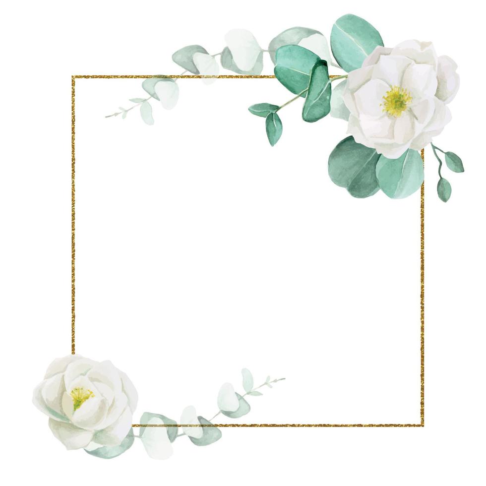 cornice quadrata dorata con fiori di peonia bianca ad acquerello, rosa canina e foglie di eucalipto. isolato su sfondo bianco. design per matrimoni, inviti, congratulazioni, carte. cosmetici e profumiere vettore