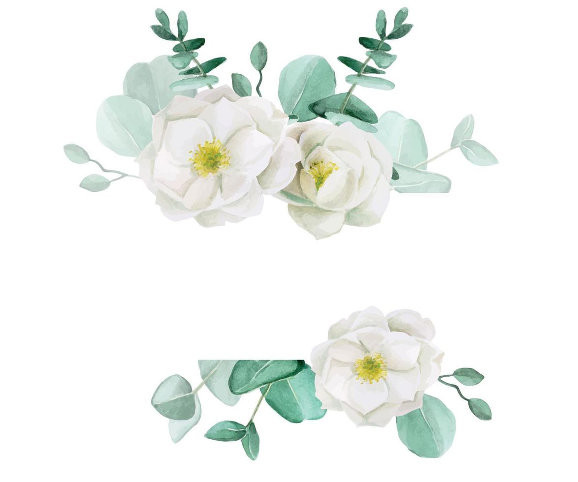 disegno ad acquerello. cornice di foglie di eucalipto e fiori bianchi di rosa canina, peonia. design per matrimoni, biglietti, inviti, auguri. isolato su sfondo bianco con posto per il testo vettore