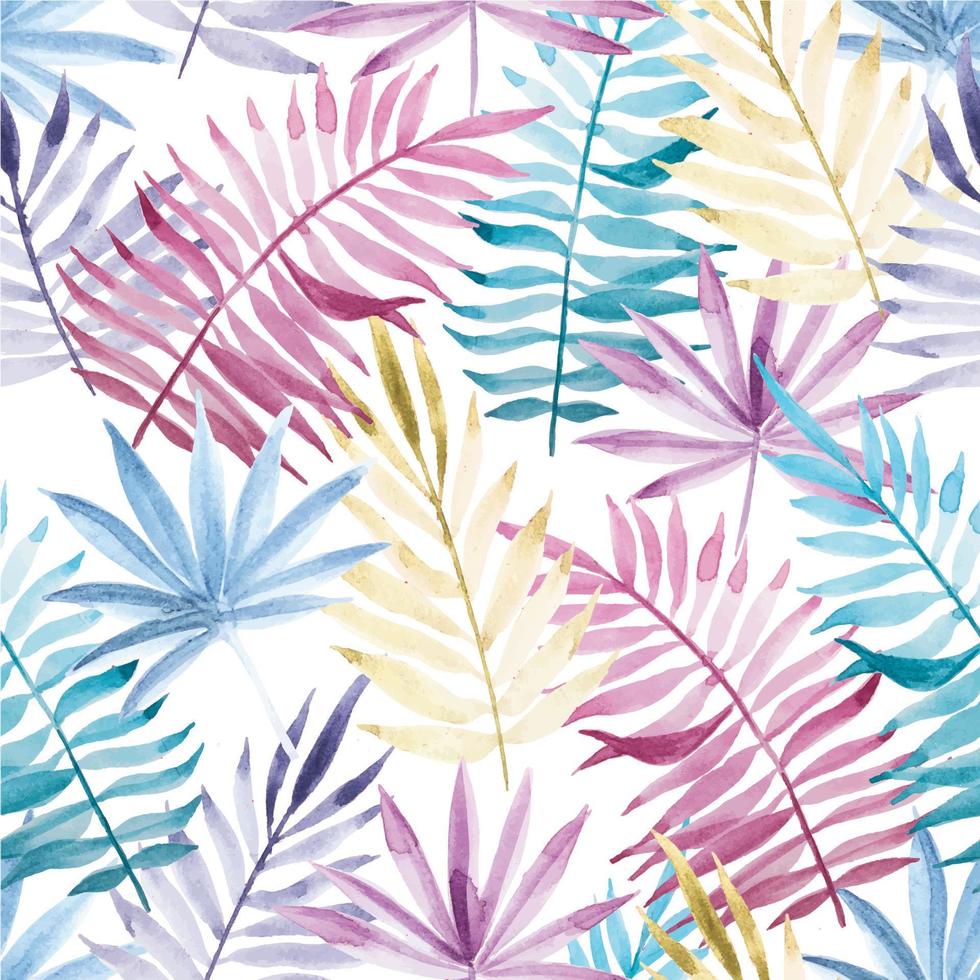 senza cuciture con foglie tropicali colorate. foglie colorate di una palma di colori rosa, blu, gialli isolati su sfondo bianco. stampa estiva per tessuto, tessuto, carta da parati. vettore