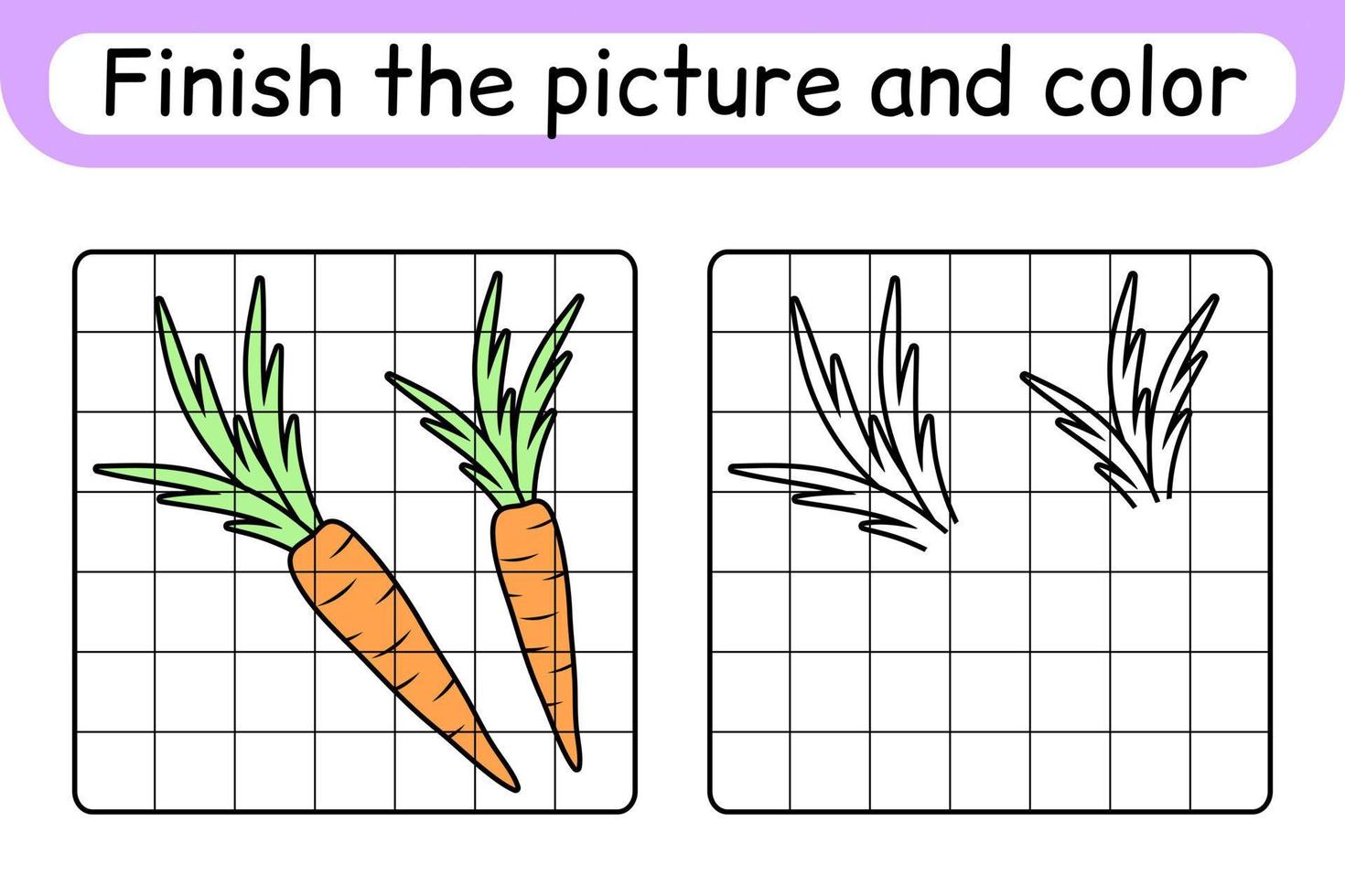 completa l'immagine carota. copia l'immagine e il colore. finire l'immagine. libro da colorare. gioco educativo di disegno per bambini vettore