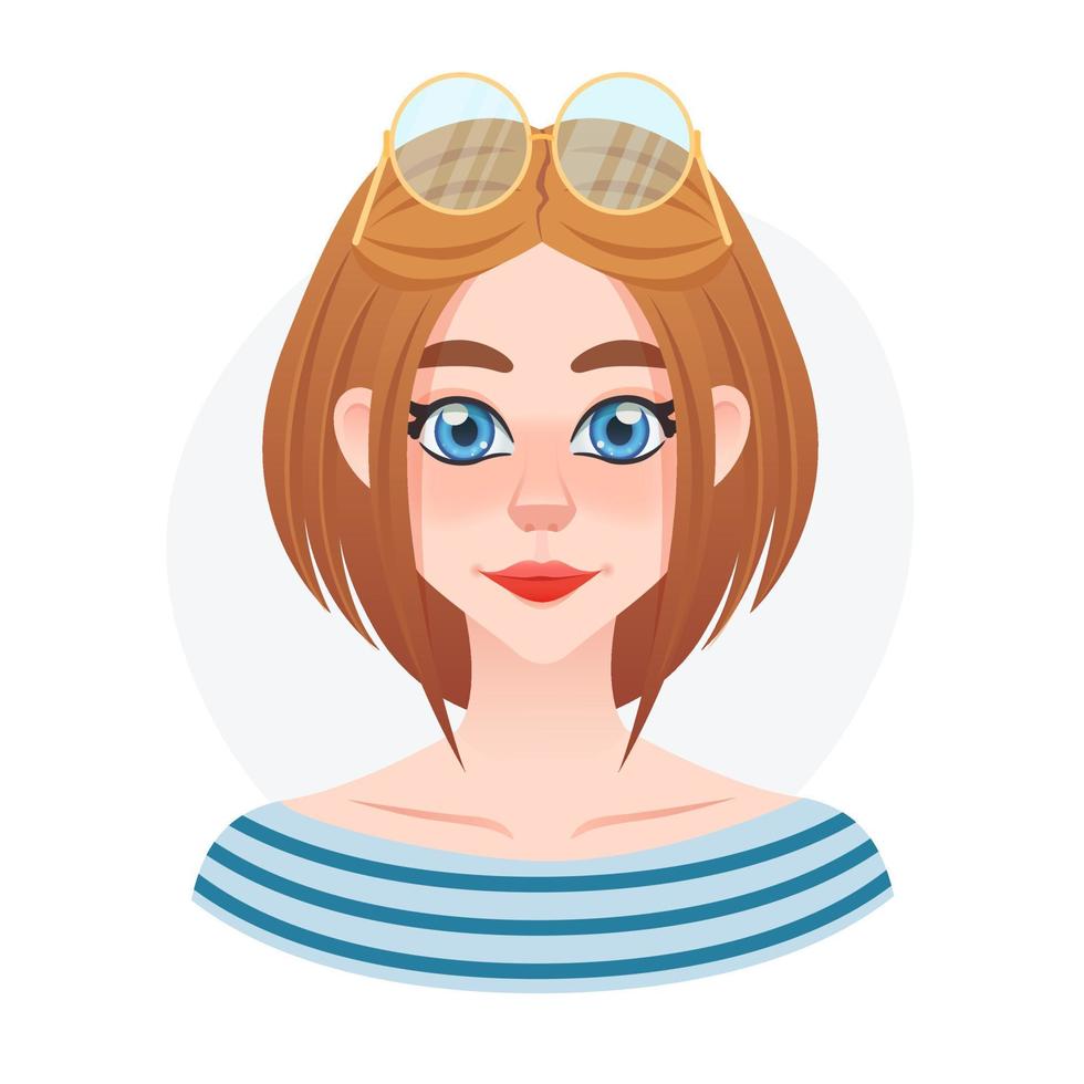 cartone animato giovane bella ragazza marinaio avatar. bellissima bambola con occhiali da sole sulla testa. capelli corti stile signora vettore