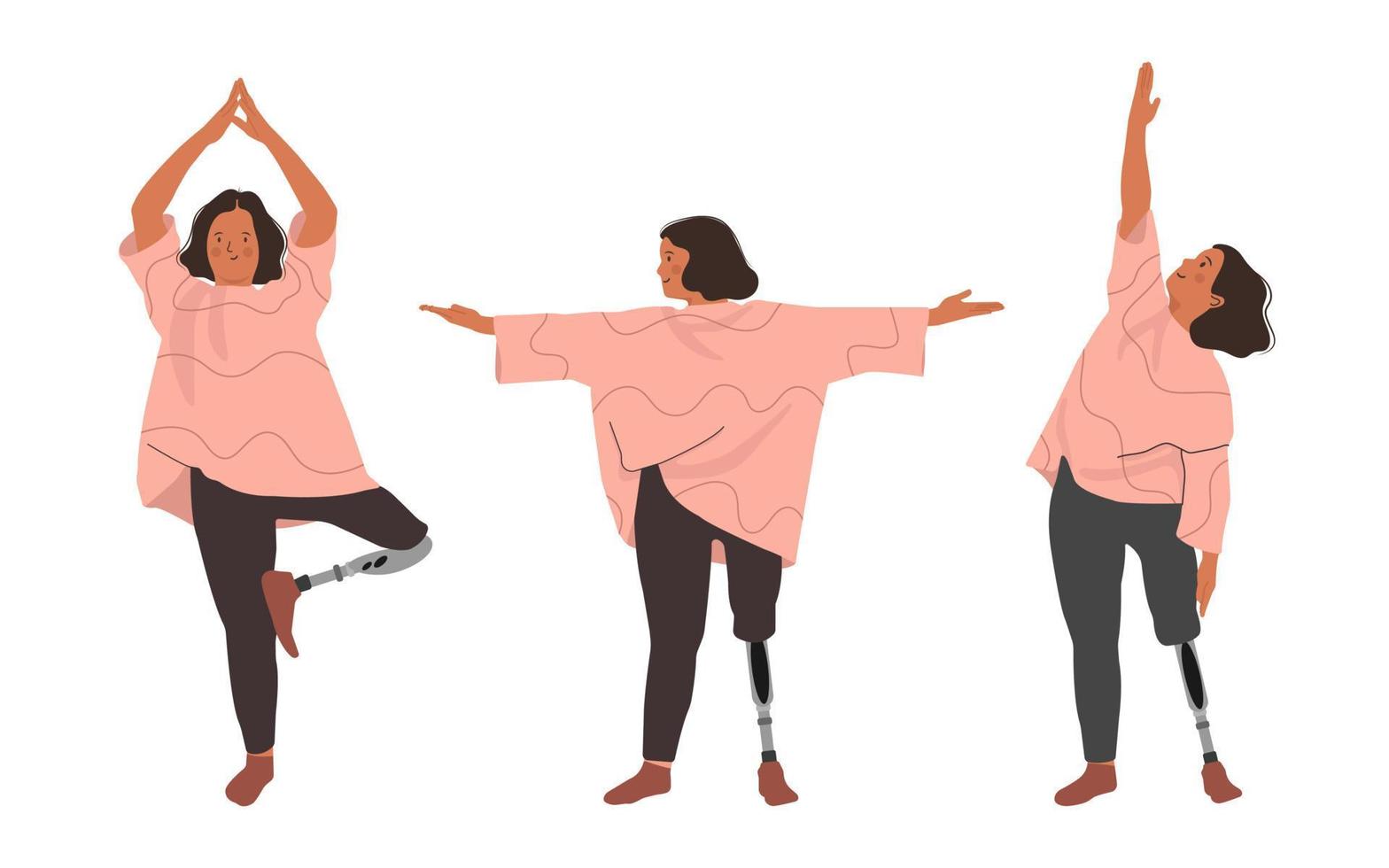 ragazza disabile che fa yoga. serie di esercizi di yoga. concetto di diversità e di uguaglianza. persone con disabilità, protesi, amputazioni, inclusione. illustrazione vettoriale piatta.