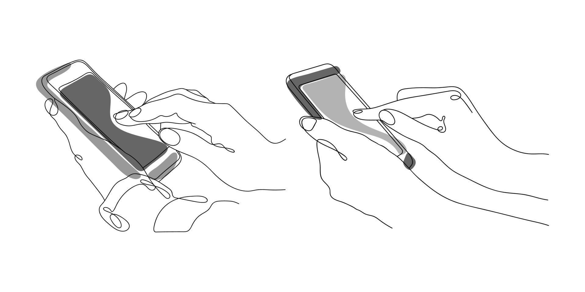 set di mani tengono un telefono cellulare. illustrazione di uno stile di linea. elementi isolati su sfondo bianco. valutazione della qualità, ricerca di informazioni, lasciare recensioni e feedback. vettore