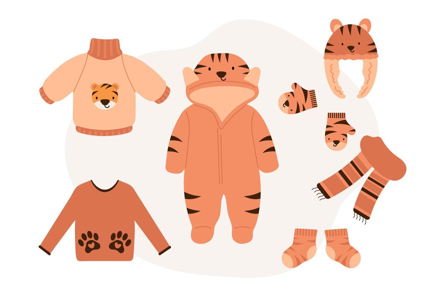 simpatici accessori per bambini caldi autunno e inverno con stampa tigre. vestiti e accessori per bambini caldi per la stagione fredda. illustrazione vettoriale piatta.