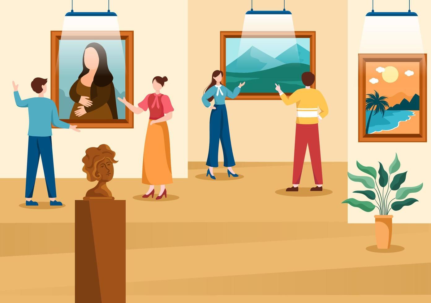 illustrazione del fumetto del museo della galleria d'arte con mostra, cultura, scultura, pittura e alcune persone per vederlo in un design piatto vettore