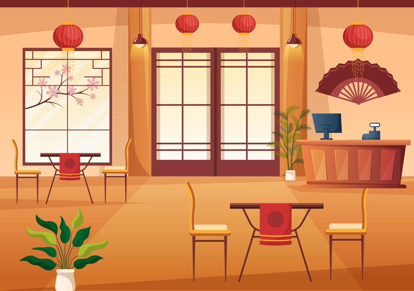 illustrazione del fumetto di cibo giapponese con vari piatti deliziosi nel ristorante come sushi su un piatto, rotolo di sashimi e altri in stile piatto vettore