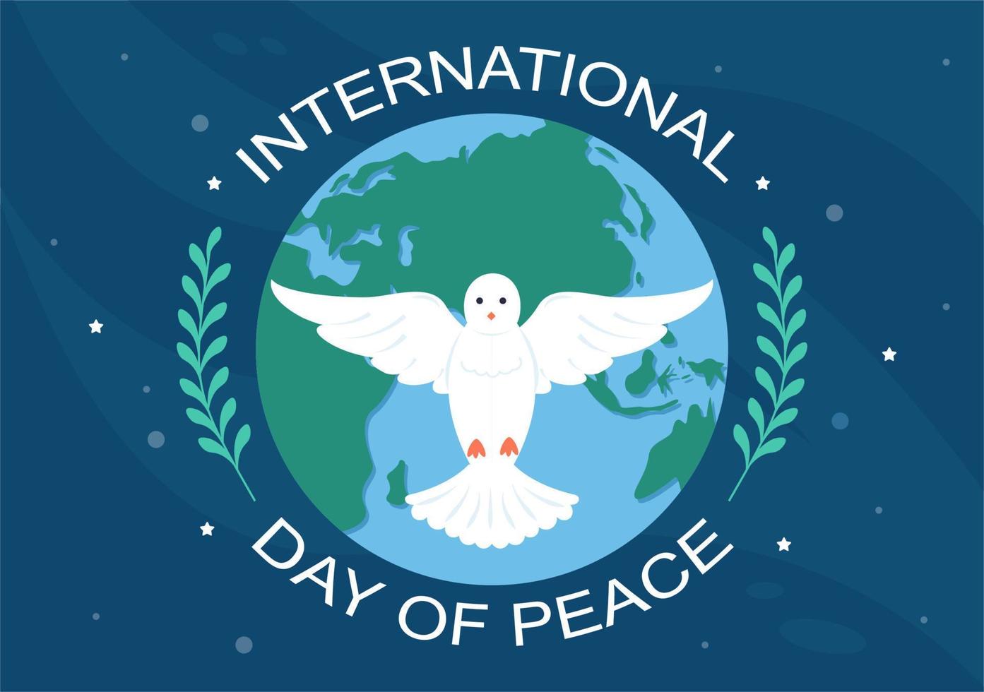 illustrazione del fumetto della giornata internazionale della pace con le mani, il piccione, il globo e il cielo blu per creare prosperi nel mondo in un design piatto vettore