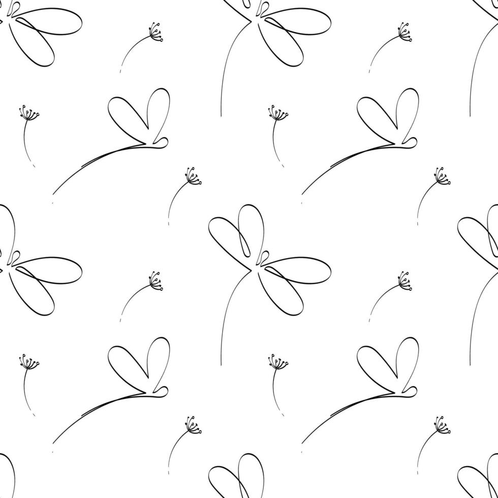 un modello senza cuciture di libellule stilizzate, scarabocchi disegnati a mano. disegno a linea singola. immagine in bianco e nero. libellula e fiori. insetto. estate vettore