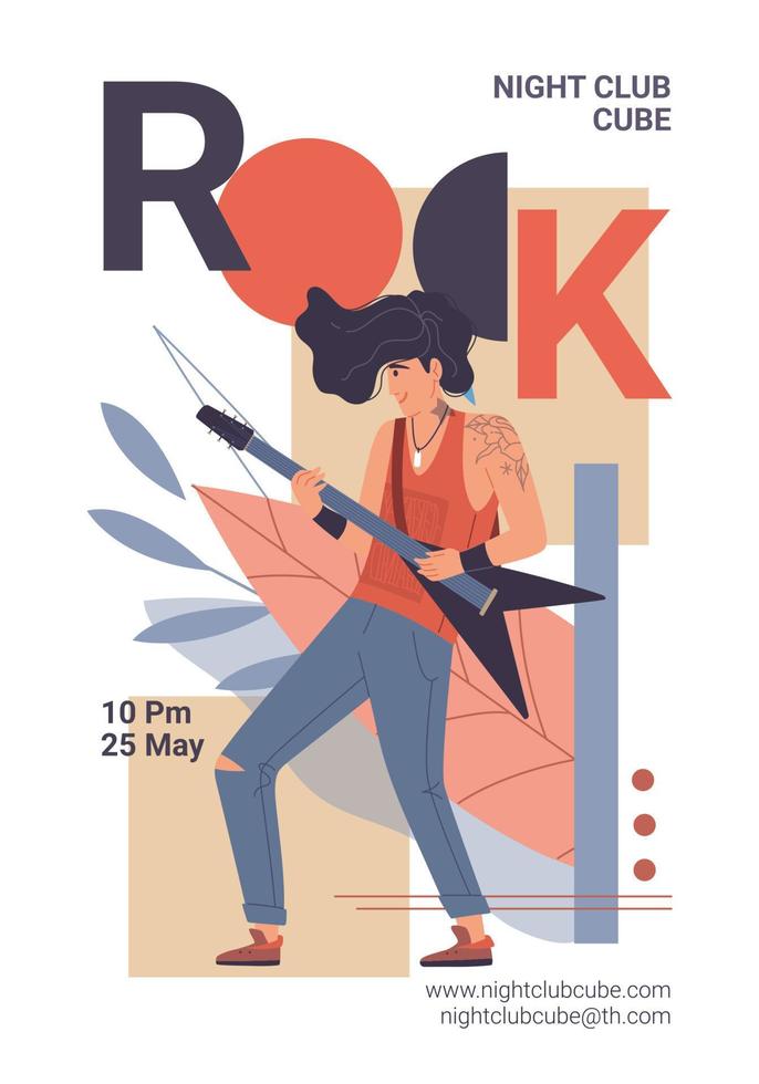 personaggio dei cartoni animati piatto riproduce banner di musica rock, illustrazione vettoriale