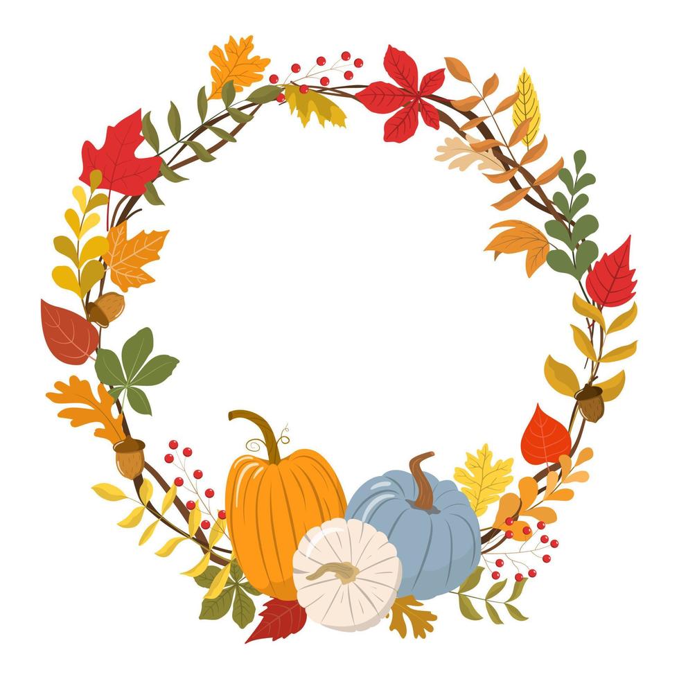 felice ghirlanda autunnale del ringraziamento con la zucca. modello di banner per il mercato del raccolto, il sito Web o gli sfondi del giorno del ringraziamento. illustrazione vettoriale. isolato su sfondo bianco. vettore